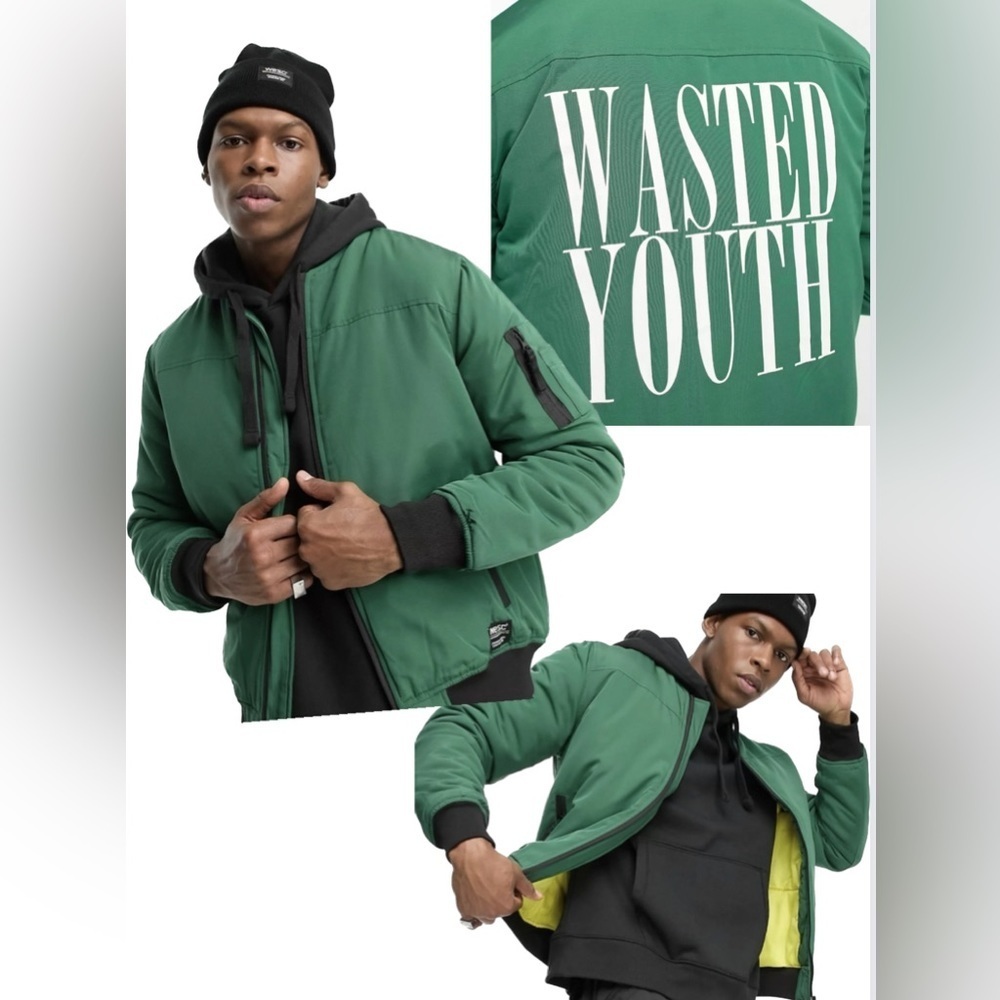 NEW WESC wasted youth logo print bomber jacket in green
